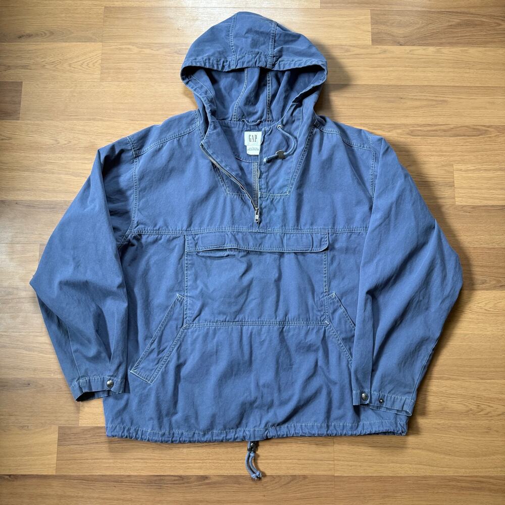 Men's Vintage 90's Gap Pale Blue Cotton Anorak Hooded Pullover Jacket Sz Large